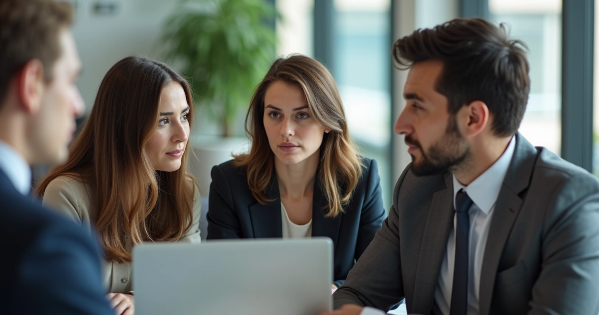 Three coworkers in an office huddled together speaking quietly over their laptops 