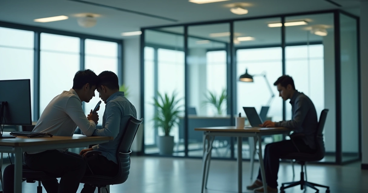 Coworkers whispering in an office while a colleague looks isolated at a desk 