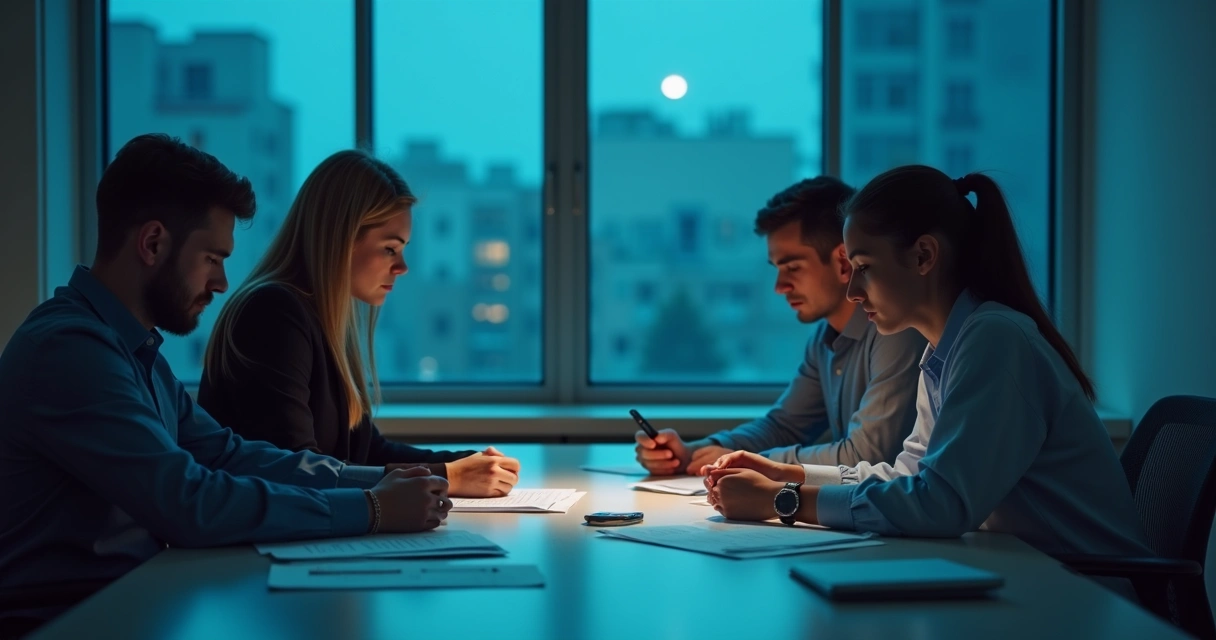 Team of coworkers at a table, subdued expressions, one empty chair, papers scattered, cold blue lighting. 