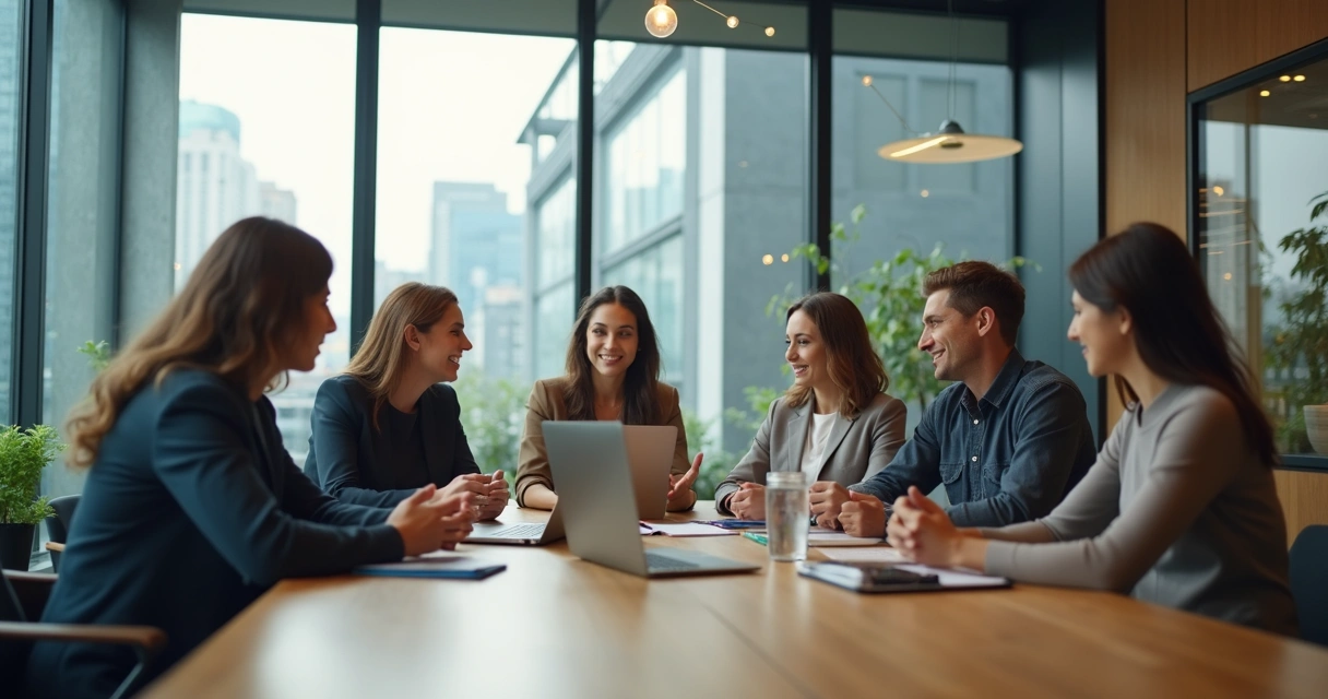 Diverse team in modern office with subtle glowing connections symbolizing shared consciousness 