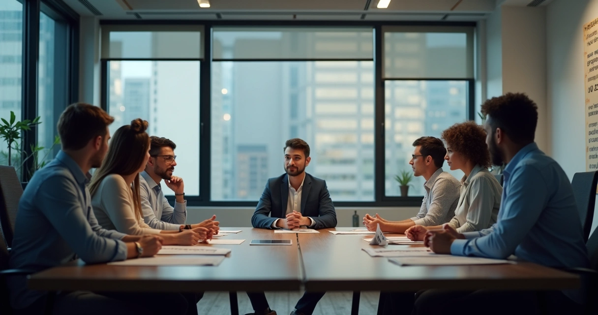 Coworkers sitting around a conference table, focused on one speaker 