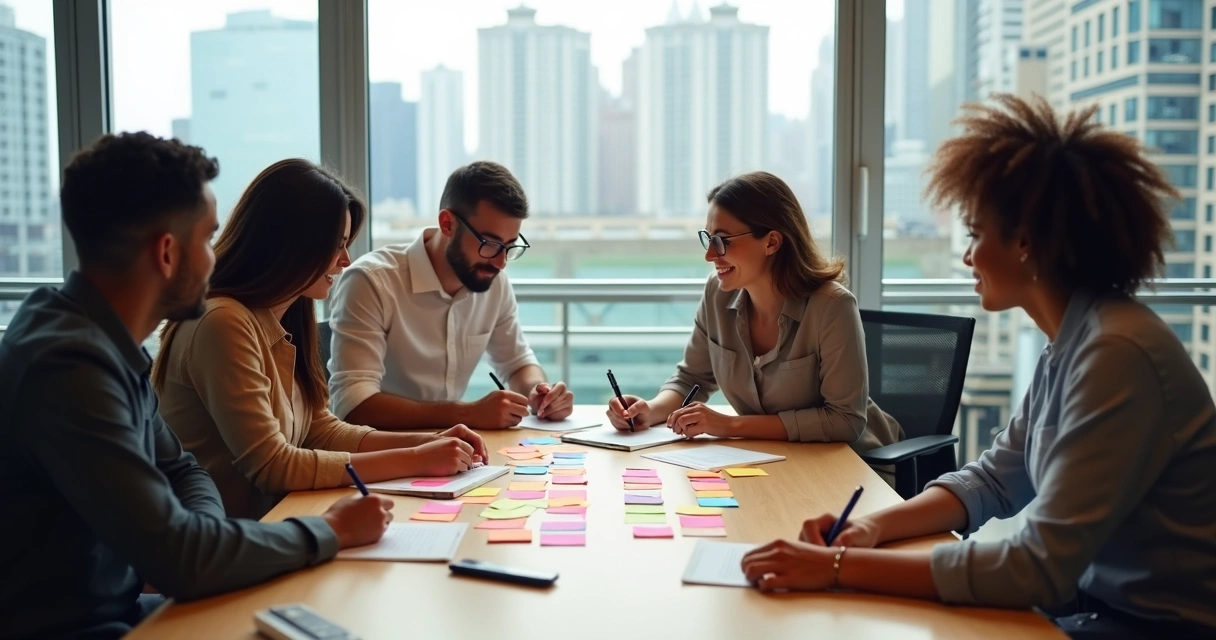 Colleagues at a table mapping out small actions for behavior change