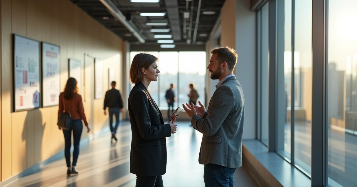 Two coworkers talking in an office hallway