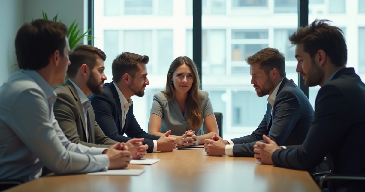 Several coworkers interacting in an office, with some looking at each other while others glance away, hint of tension