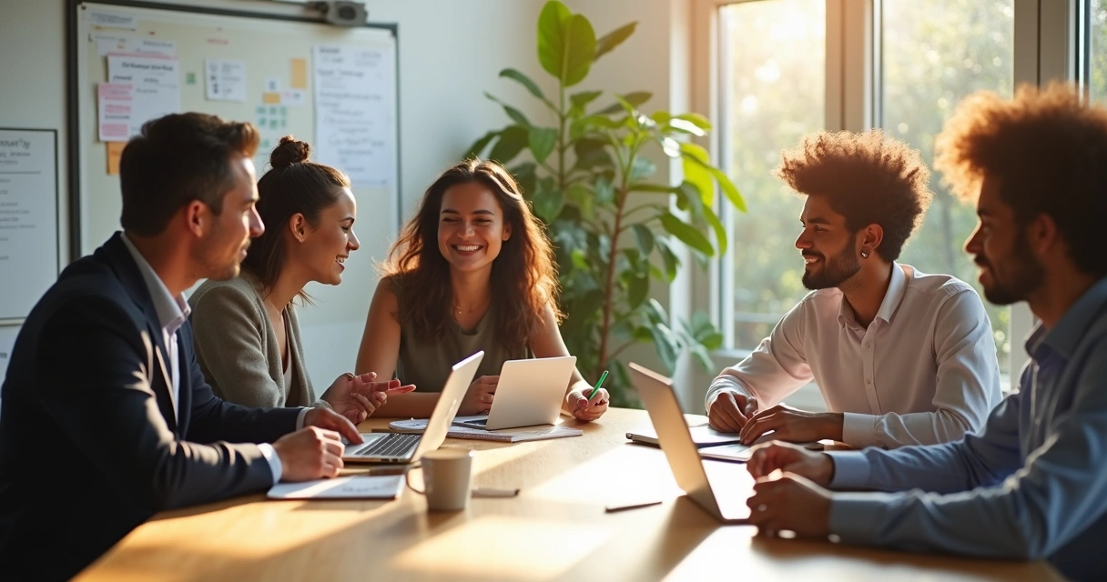Team of diverse professionals engaged in a meeting, highlighting positive human connection in a bright office. 