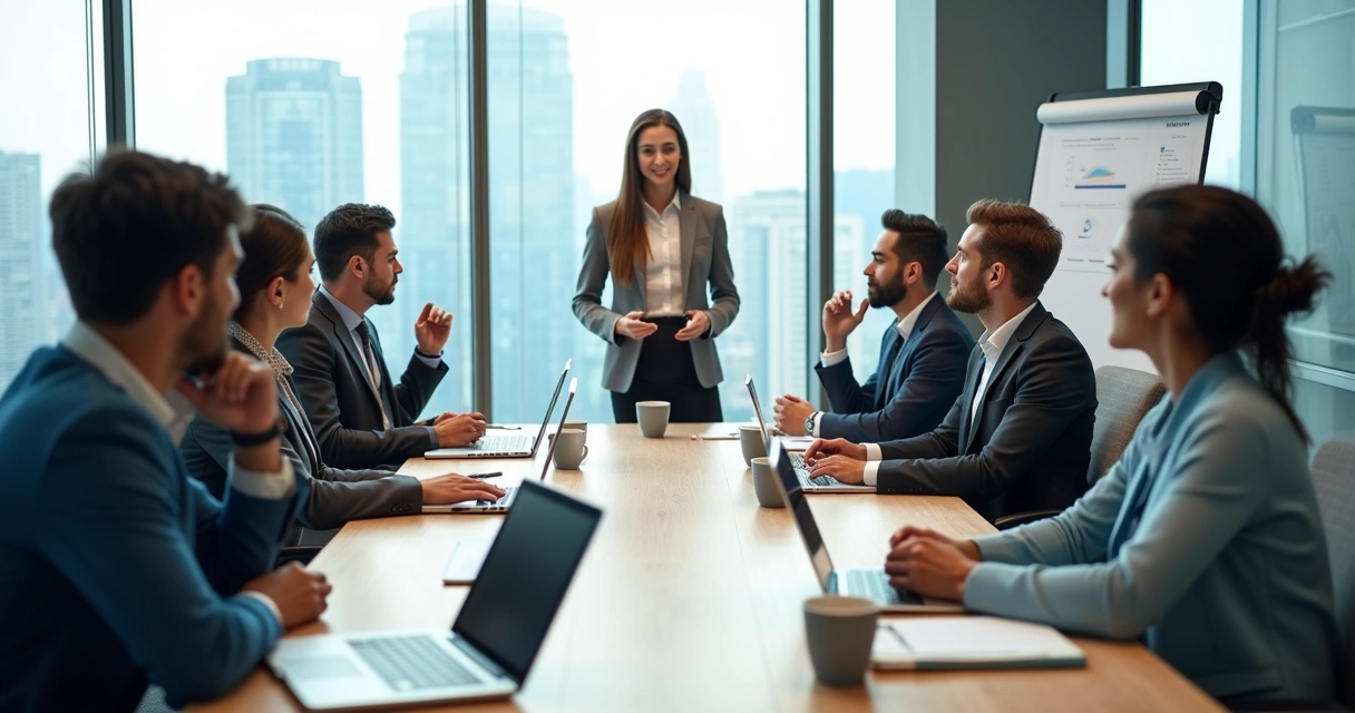Diverse team in a meeting room with one person speaking up confidently 