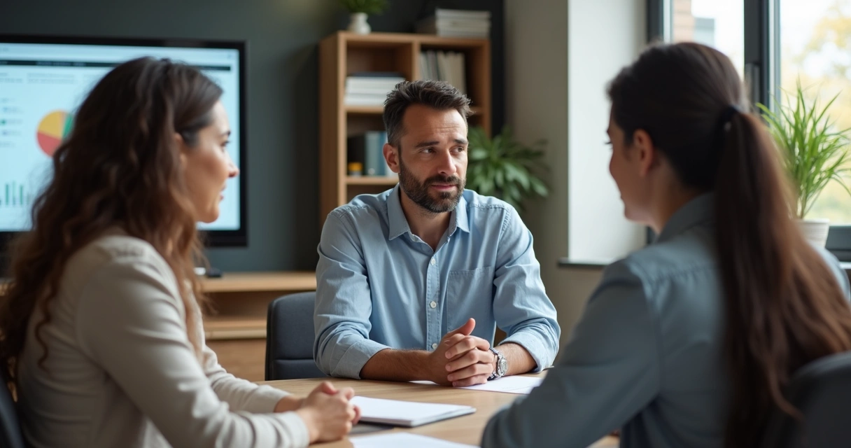 Manager leading a team with empathy and open discussion in a modern workspace. 