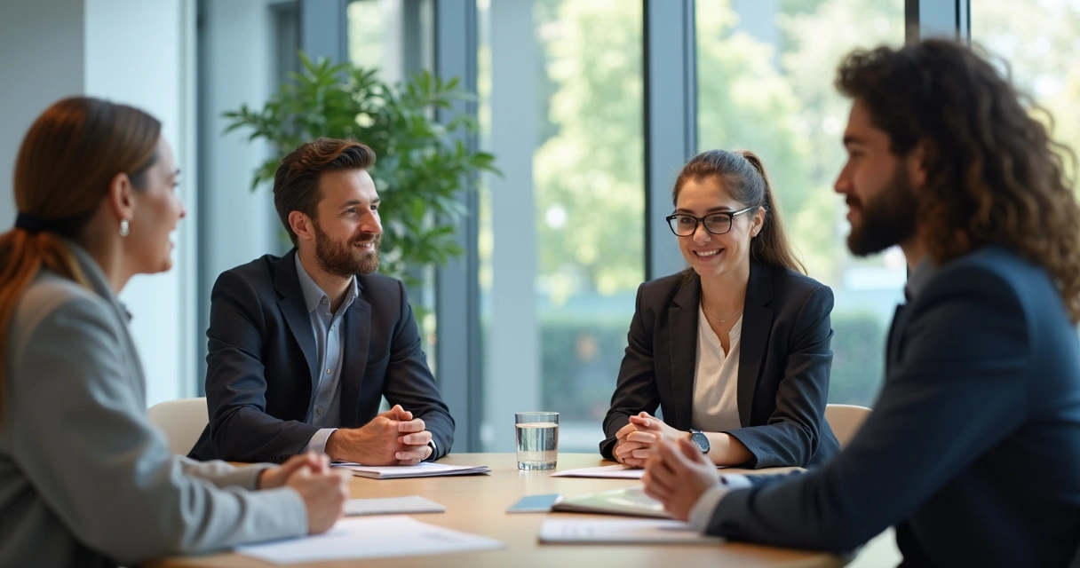 Colleagues having a calm, open dialogue around a conference table