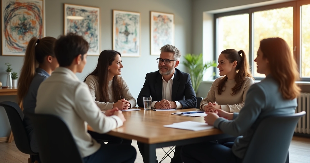 Team in a modern office, diverse group around table, relaxed conversation