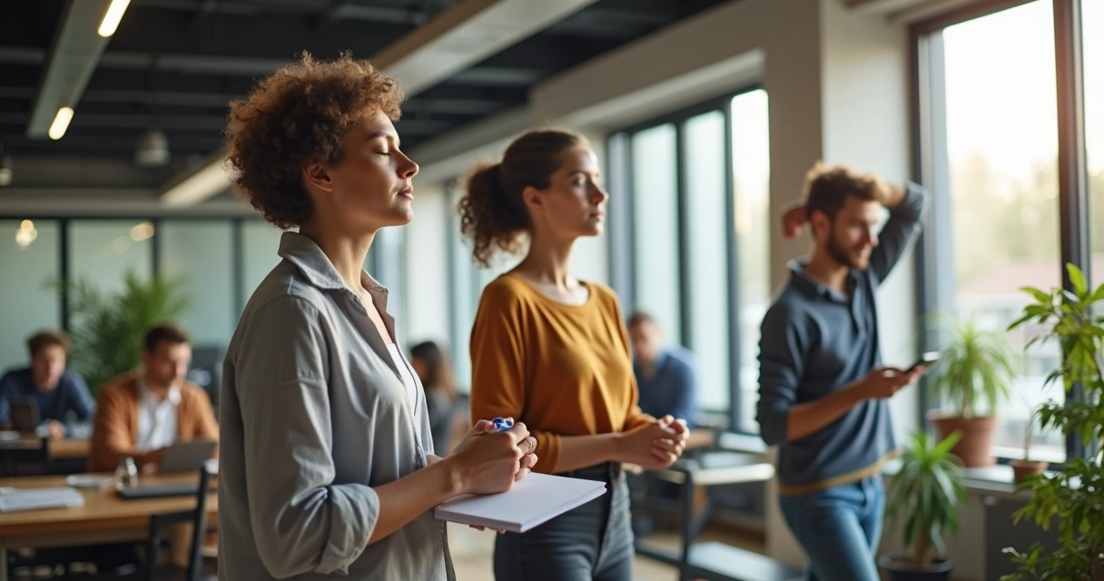 Colleagues practicing positive micro-habits in a modern office