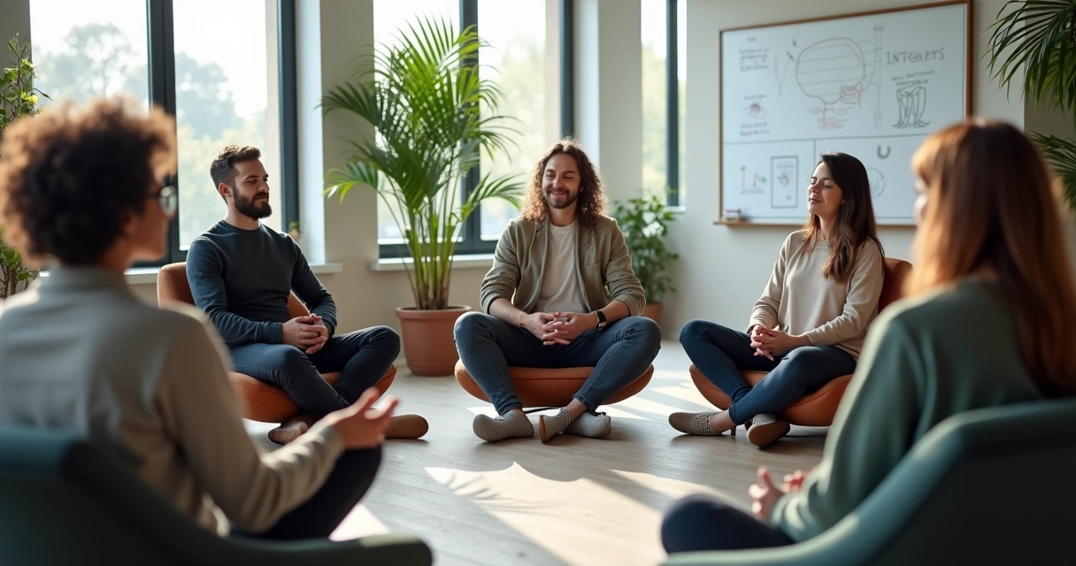Group of colleagues in a modern office sitting in a circle, eyes closed, practicing mindfulness 