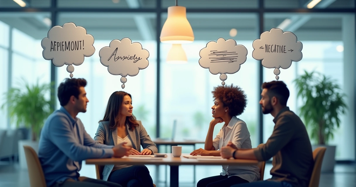 A diverse group of office colleagues in discussion, with thought bubbles illustrating different internal narratives 