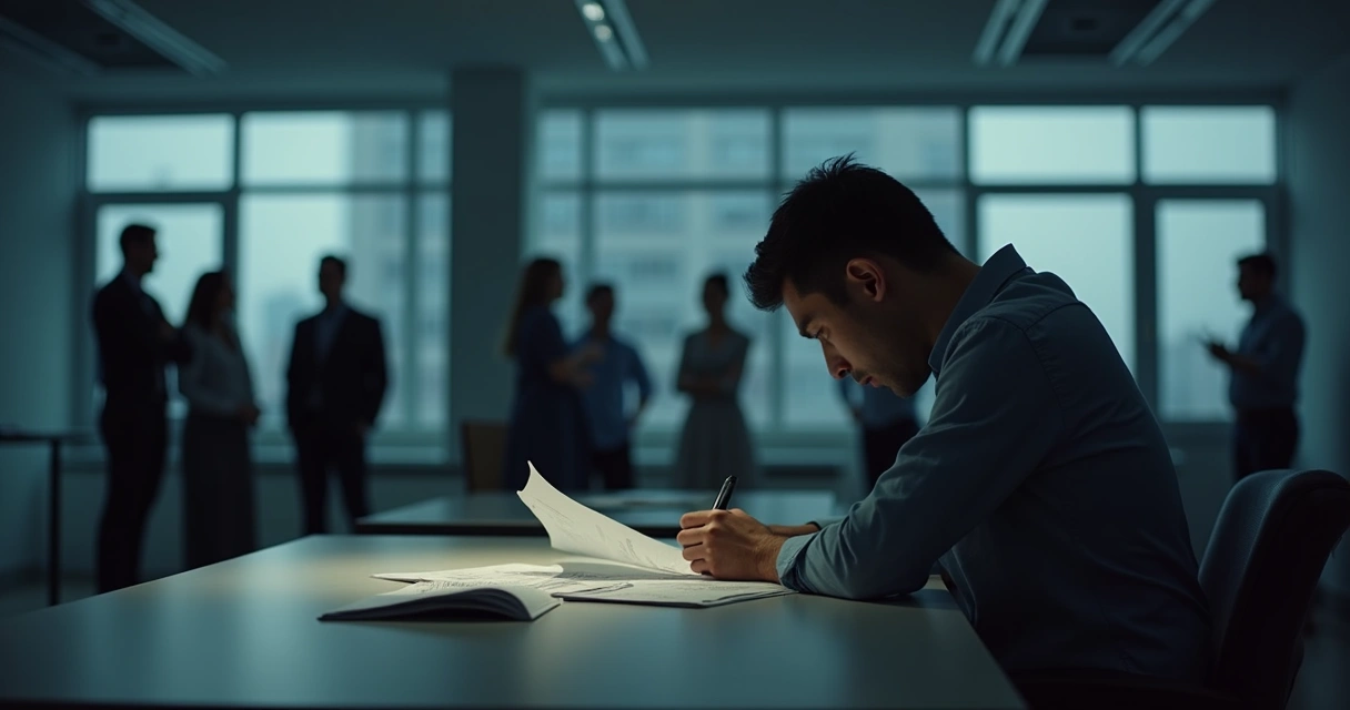 Sad employee sitting at desk, colleagues standing in background
