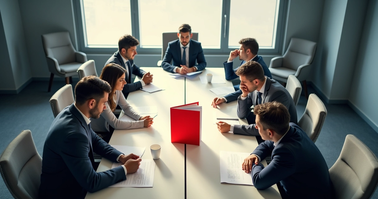 Tense workplace with groups showing avoidance and discomfort around a conference table 