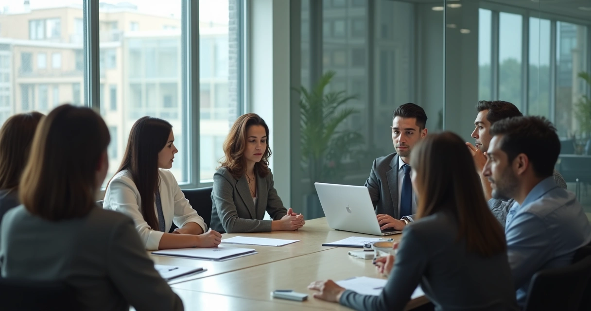Group of coworkers in an office meeting, some people quietly observing while others speak, sense of tension in room 