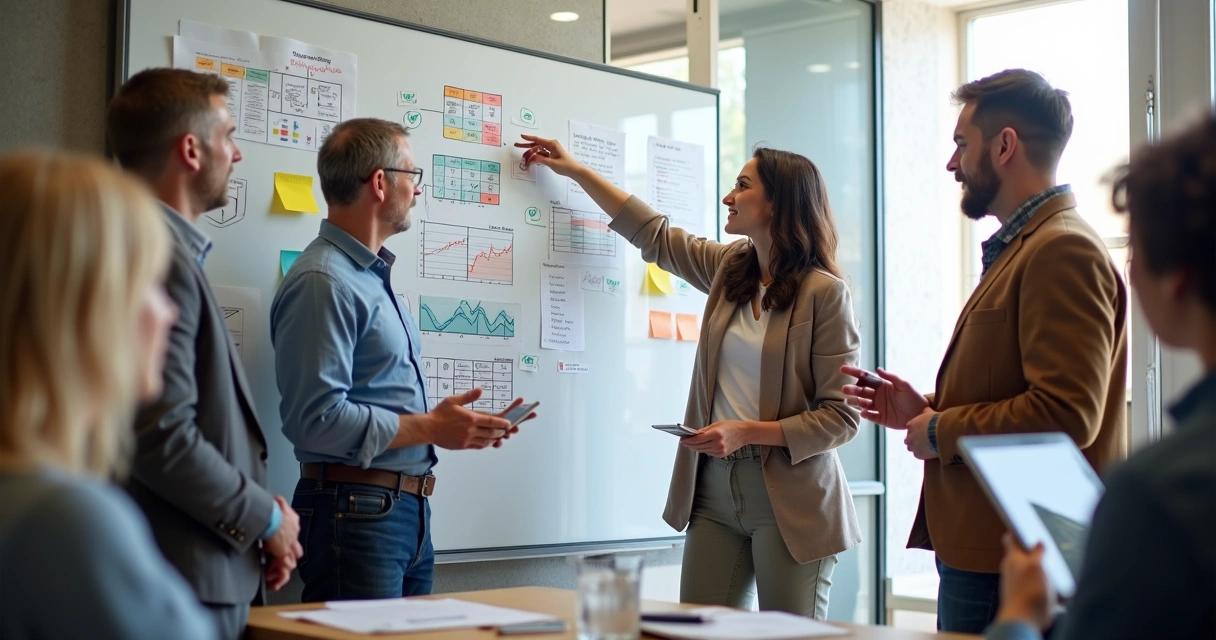 Colleagues using whiteboard to map patterns 