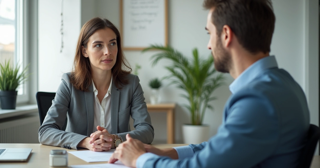 People in an office pausing thoughtfully before responding in a conversation 