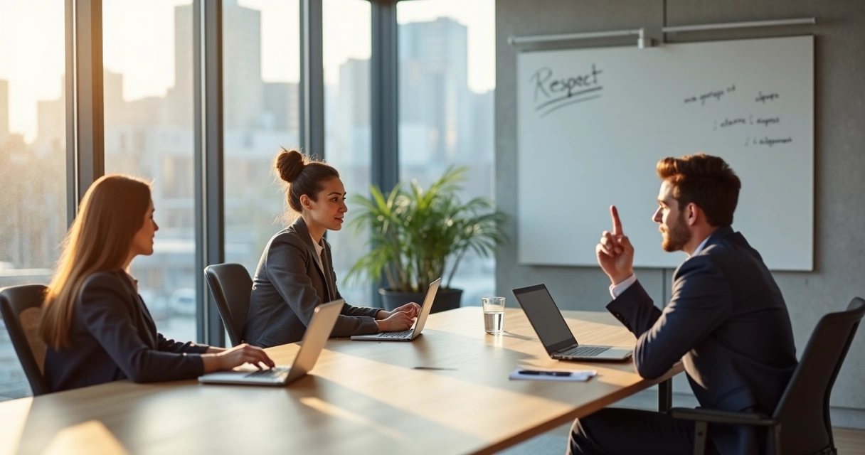 Professional setting where an employee calmly sets a boundary in a meeting 