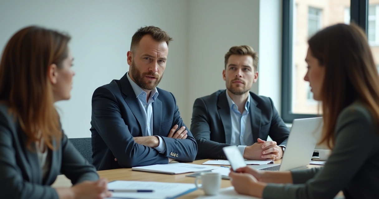 Employee with defensive body language during a team meeting