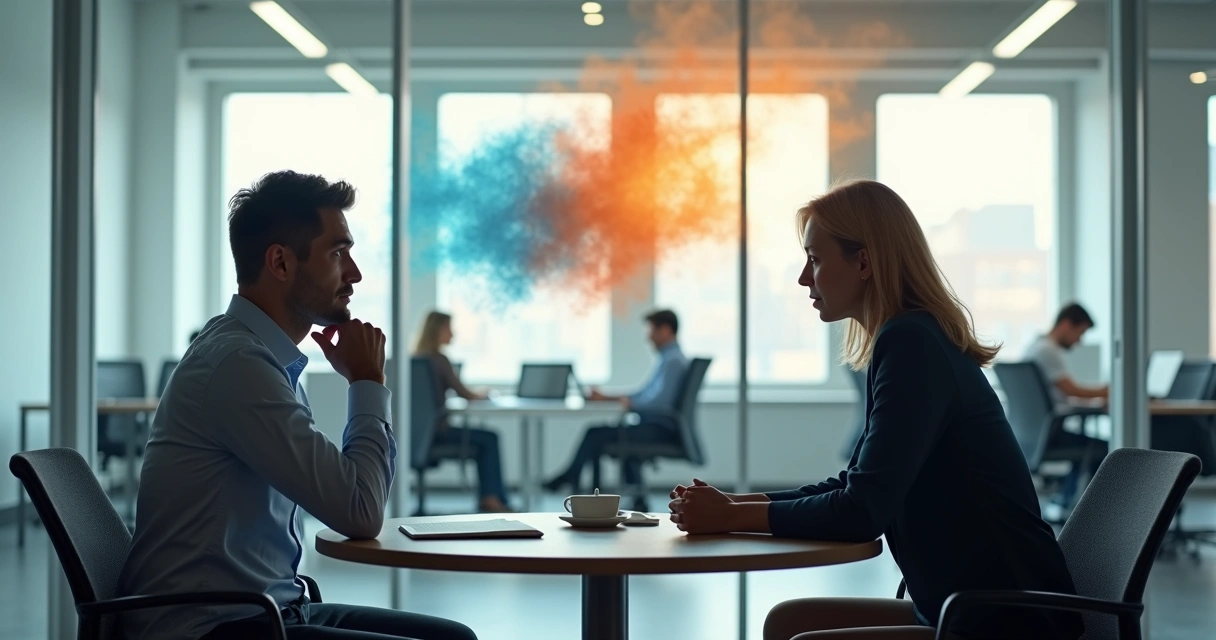 Manager and employee in tense meeting with emotional reflection on glass wall 