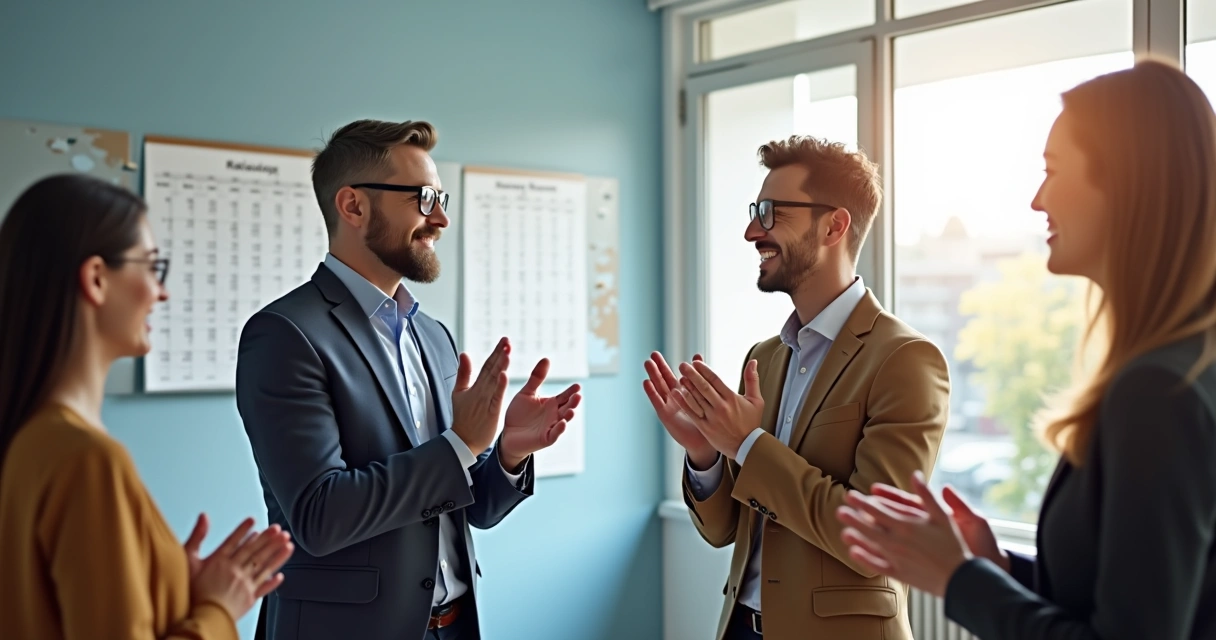 Manager recognizing team members in a bright office setting