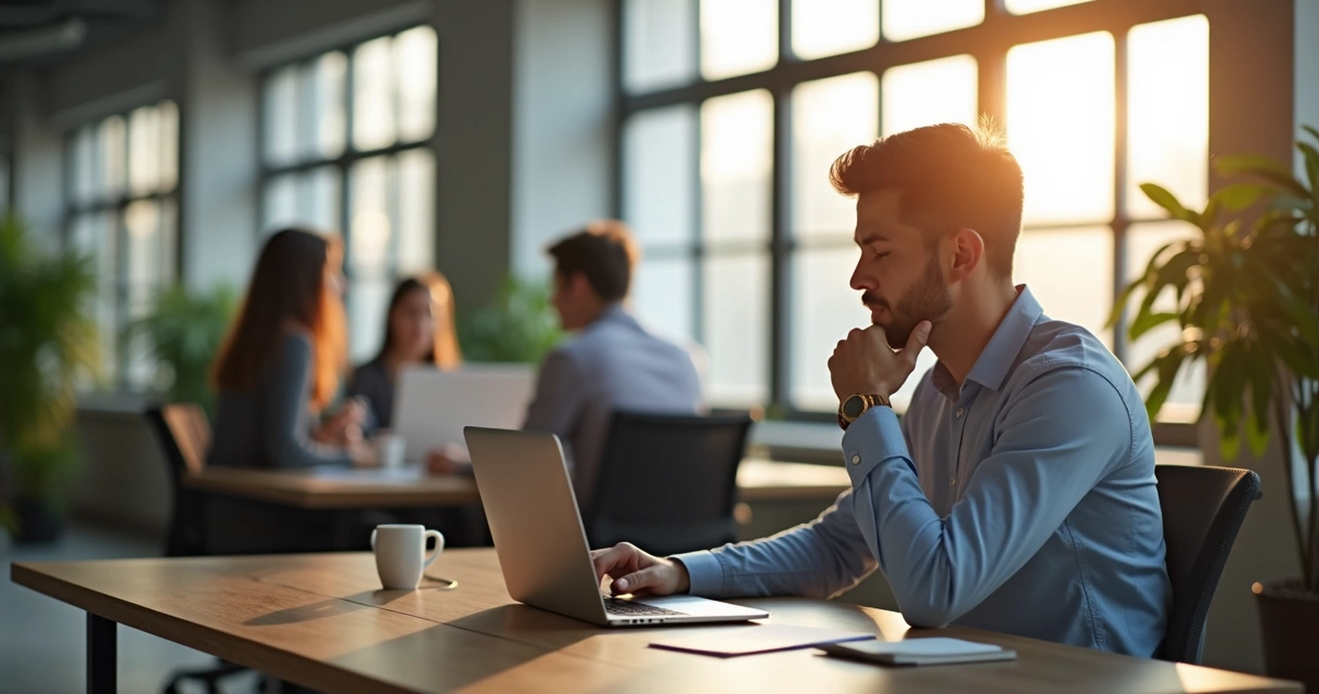 Office worker pausing at desk with thoughtful expression 