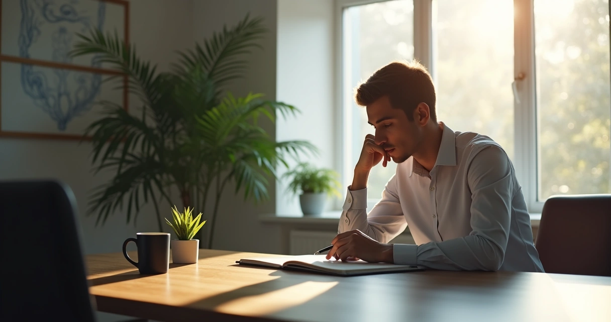 Professional reflecting quietly in a modern workspace