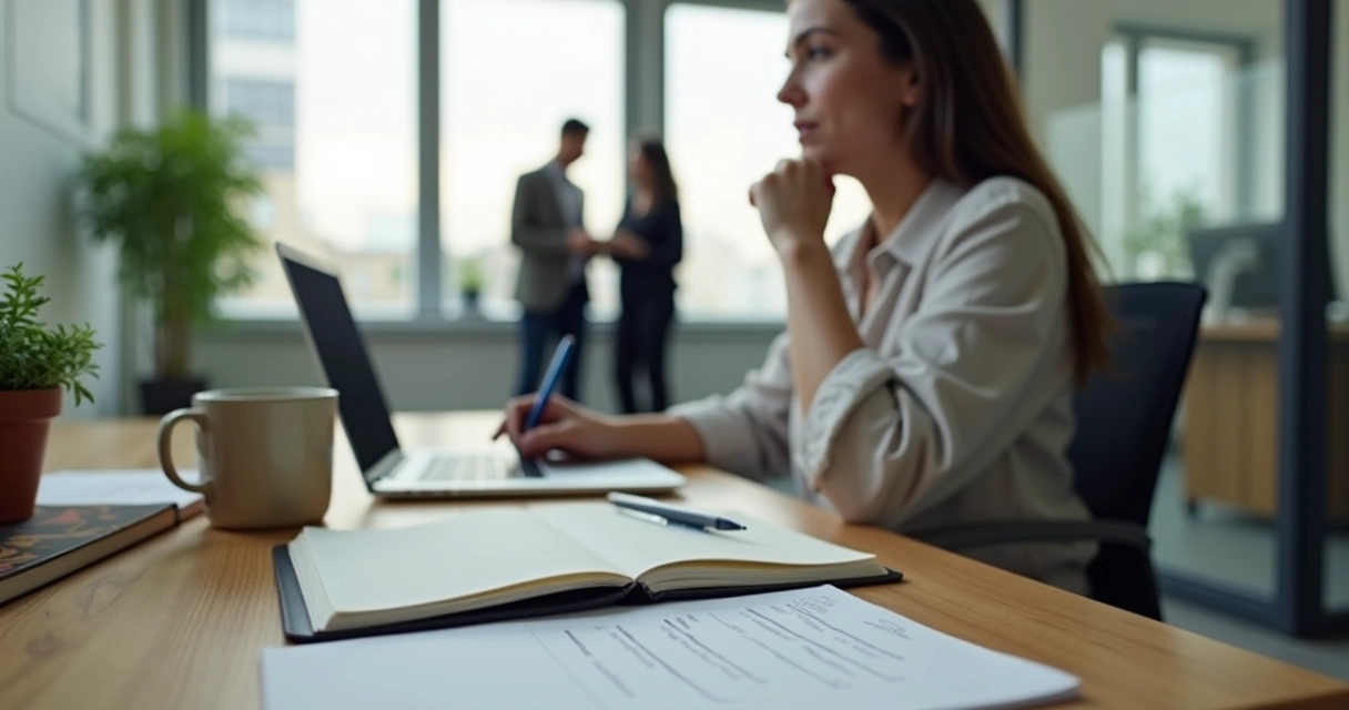 Professional reflecting on workplace relationships at a desk 
