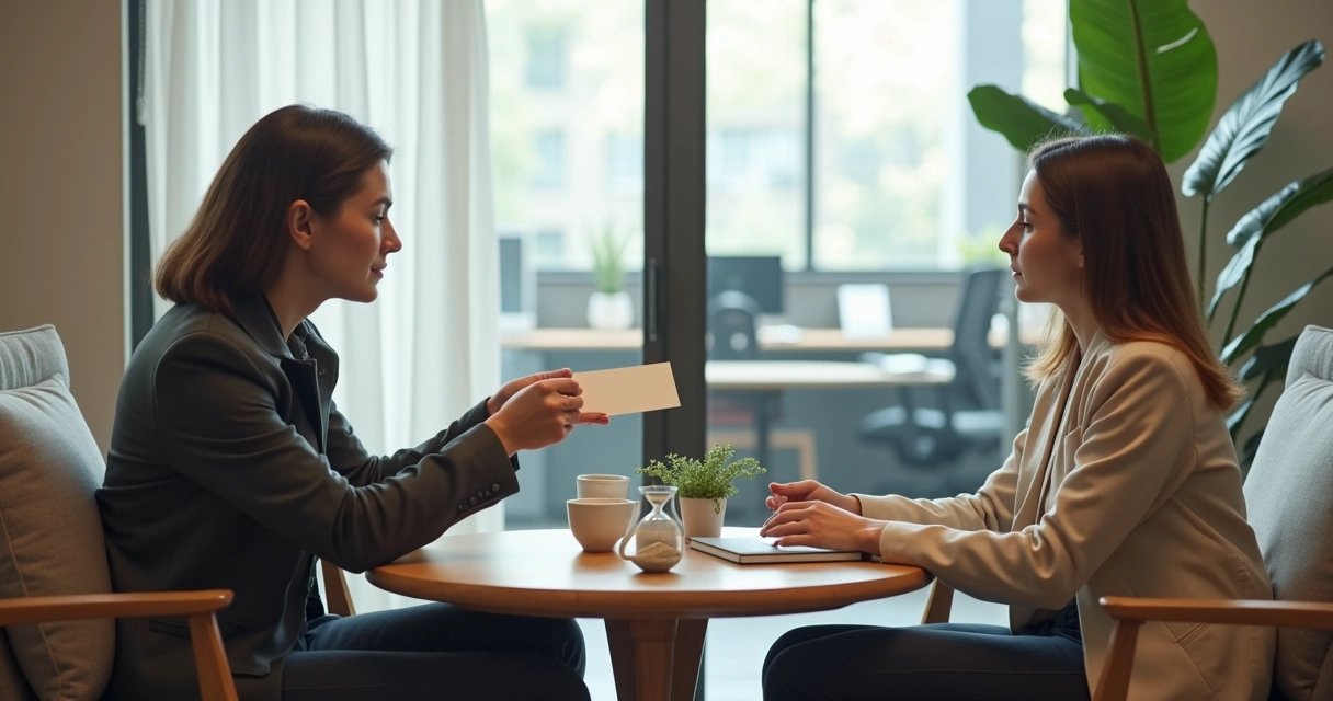 Two coworkers rebuilding connection over coffee at a small office table 