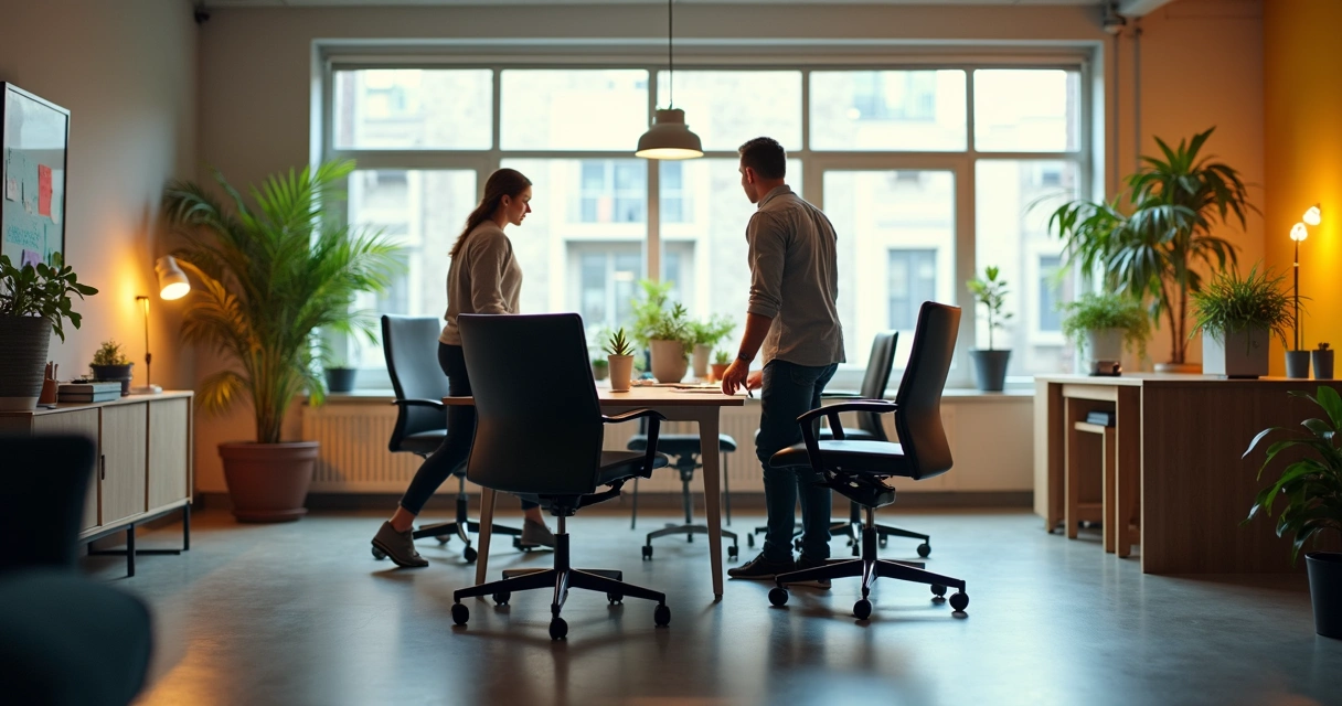 Colleagues rearranging chairs in an office to form a new meeting setup