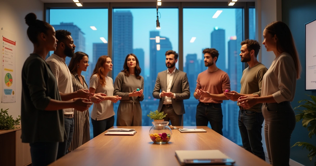 Diverse team standing in a circle during a simple office ritual 