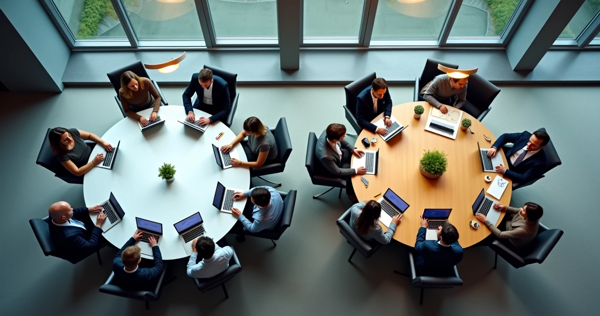 Office team in two contrasting ritual circles seen from above 