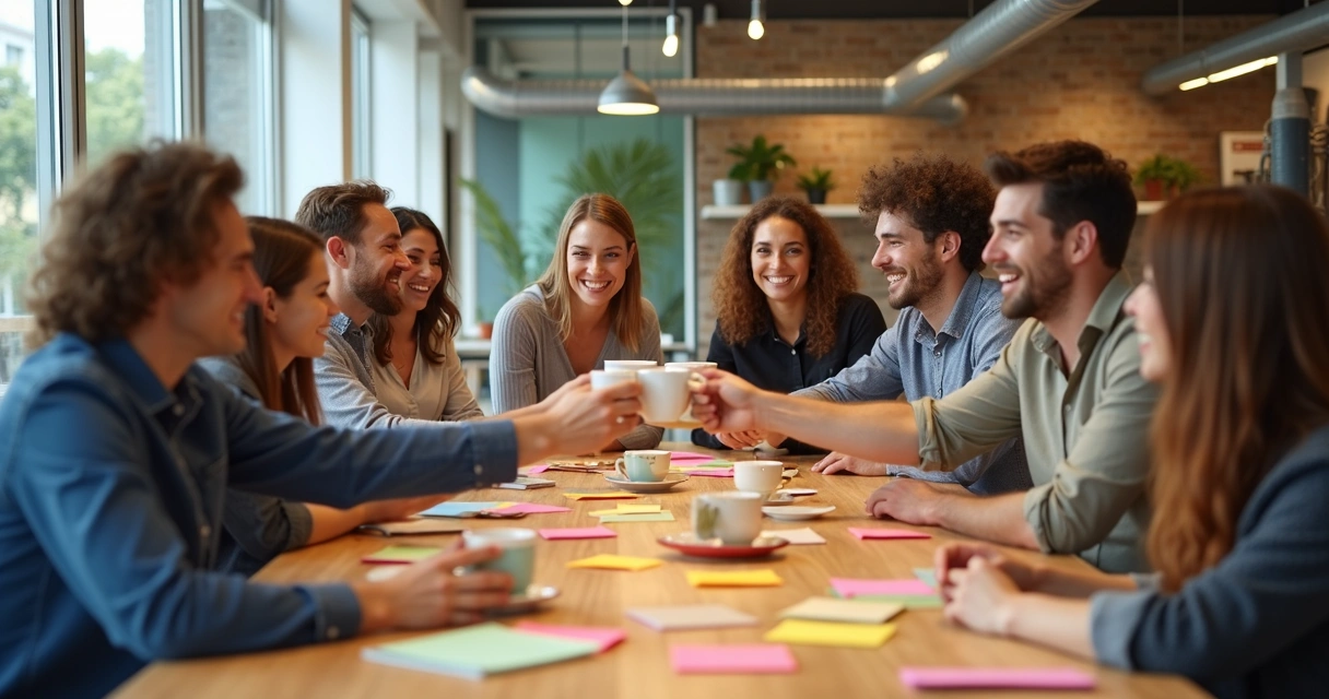 Team sharing celebration around a work table 