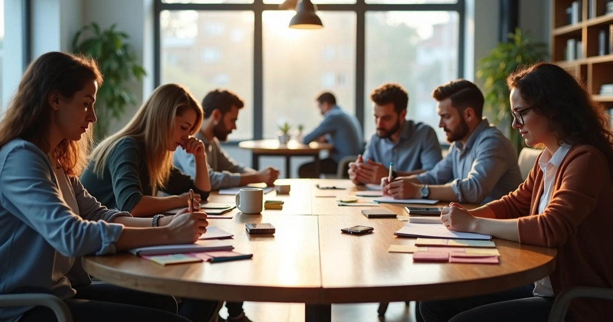 Office team repeating contrasting morning rituals with light and shadow on a round table 