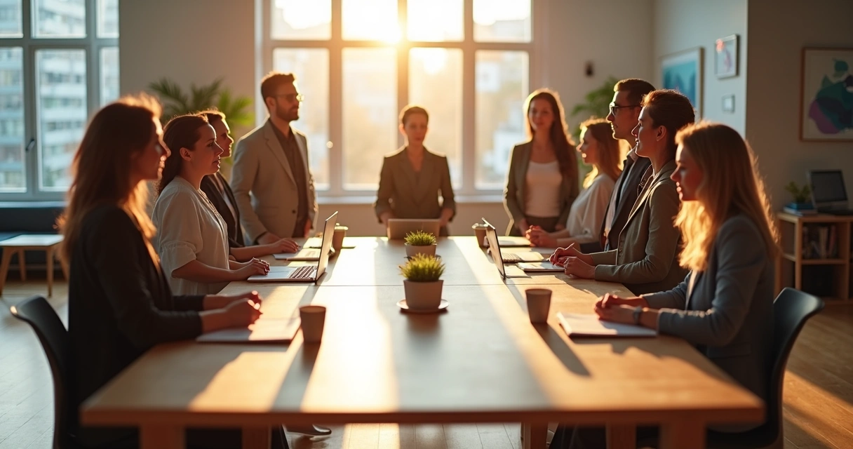 Office team in morning ritual circle around table with ethical values icons overlay 