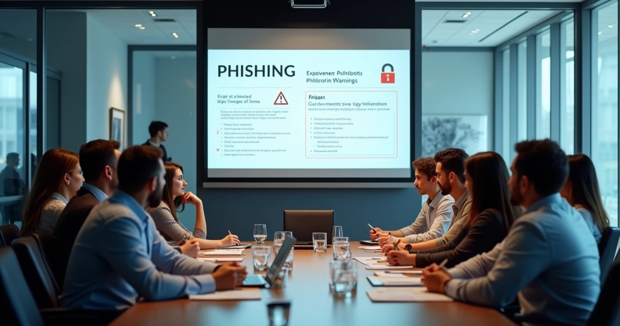 Modern office meeting with cybersecurity training on screen 