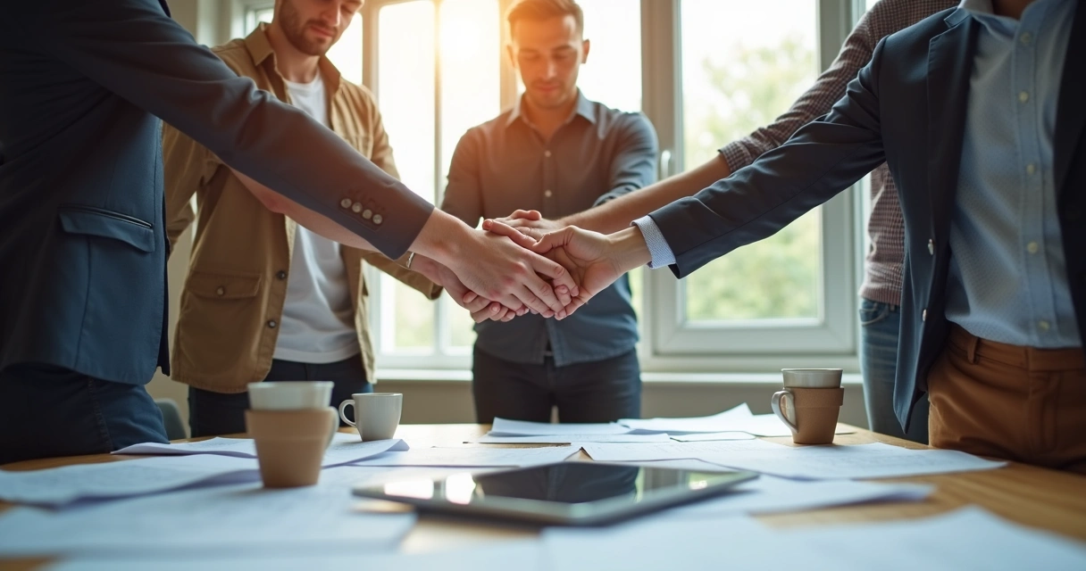 Team members standing together around a table with hands joined over shared documents, symbolizing unity and shared purpose in the workplace. 
