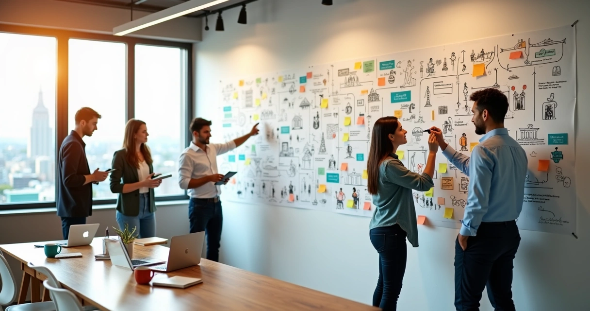 Team in modern office building a wall mural of connected story icons 