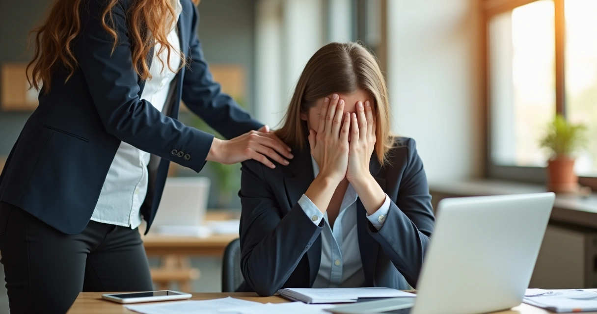 Colleague offers support to stressed worker at desk 
