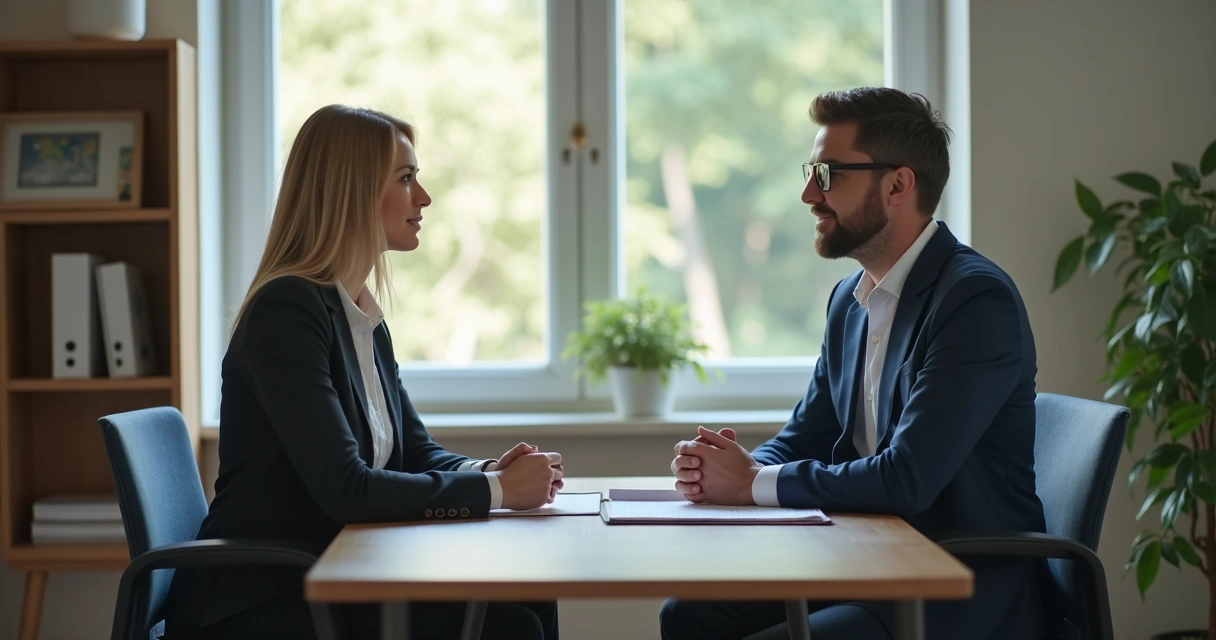 Two coworkers having a private support conversation in an office 