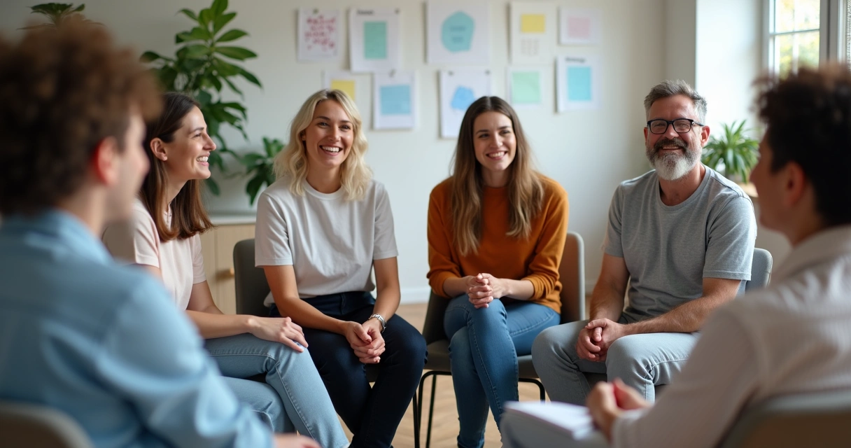 Caregivers in a group support meeting at work. 