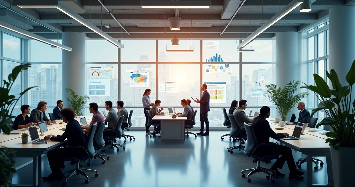 Workplace showing desks, laptops, and people interacting, some working alone and others in groups