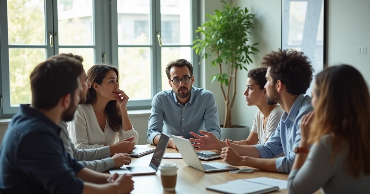 Team having a thoughtful discussion around a modern office table 