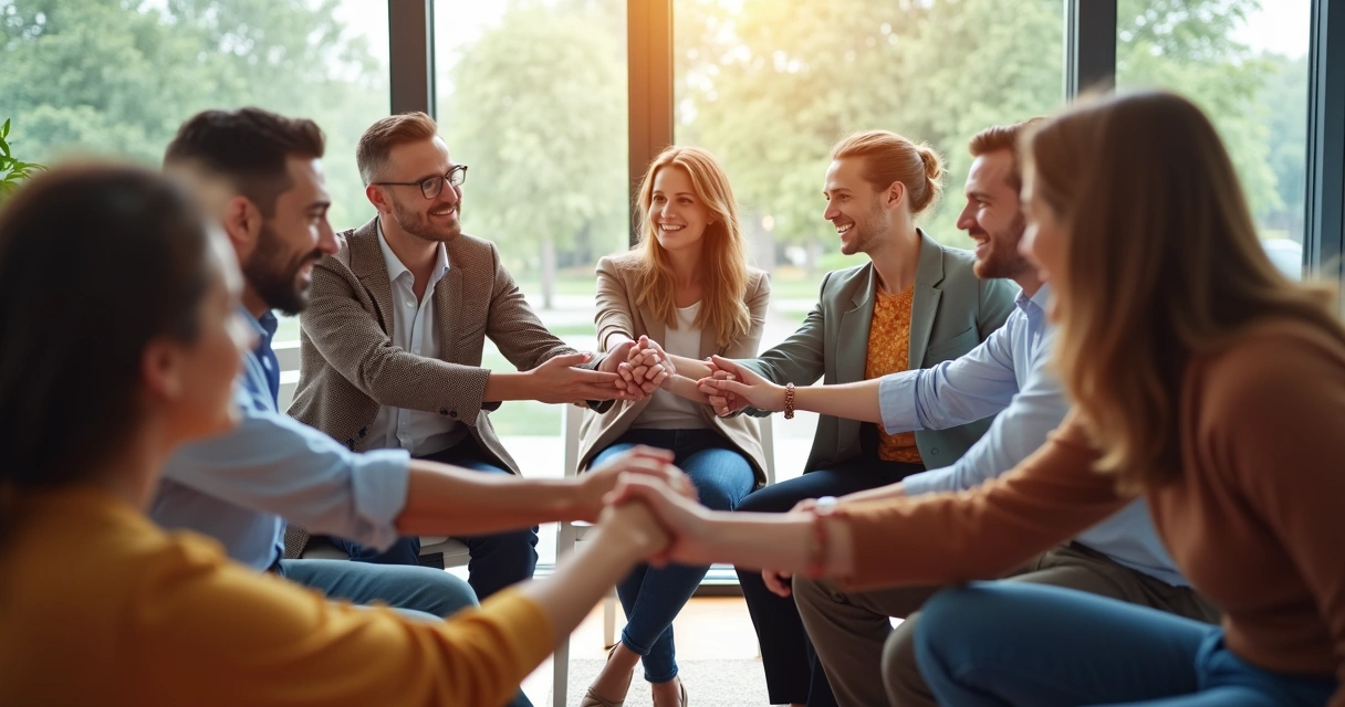 Office team gathered in a circle, appearing to reconcile and connect after a group activity 