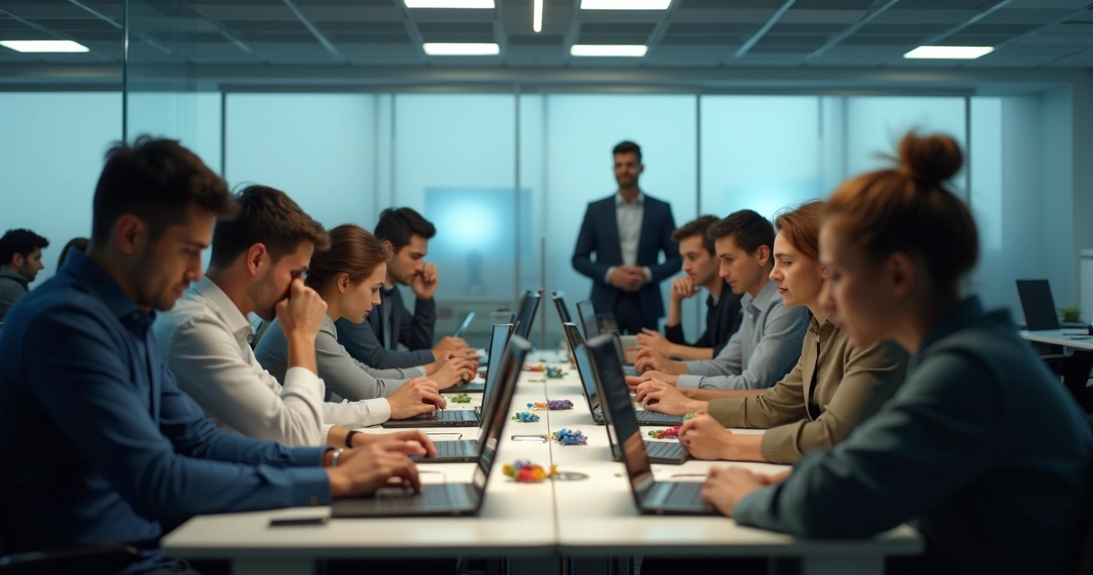 Employees in a modern office sitting at desks, most looking tense or withdrawn, with harsh overhead lighting 