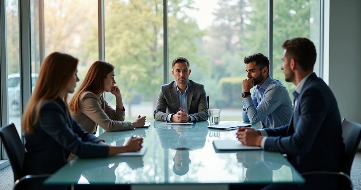 Coworkers in an office showing subtle body language tensions around a conference table