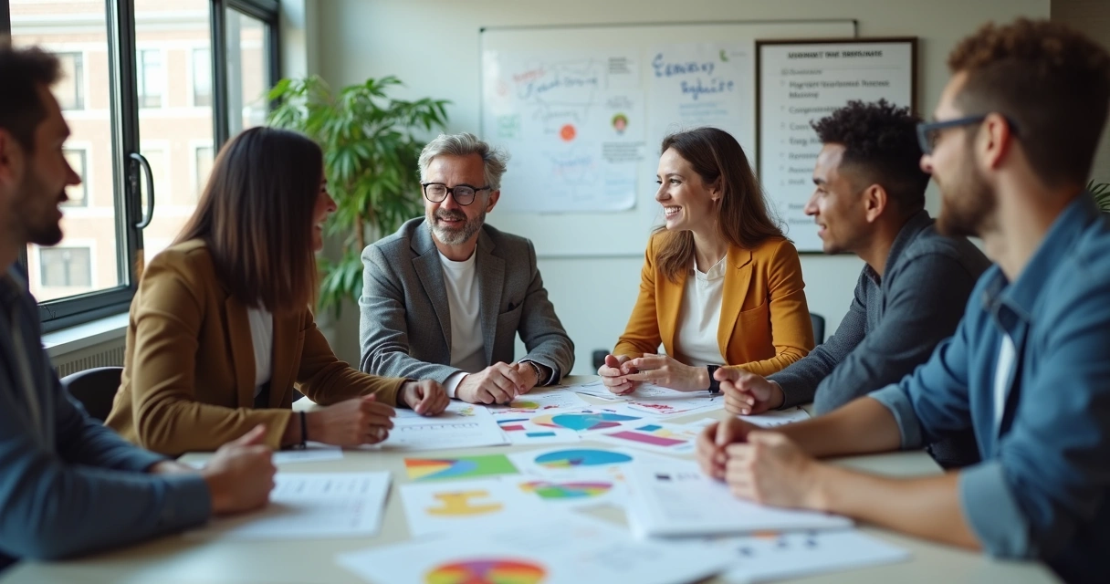 Group of coworkers having a discussion around a table, papers and charts spread out