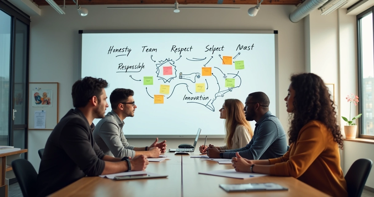 Colleagues discussing a list of workplace values written on a whiteboard.