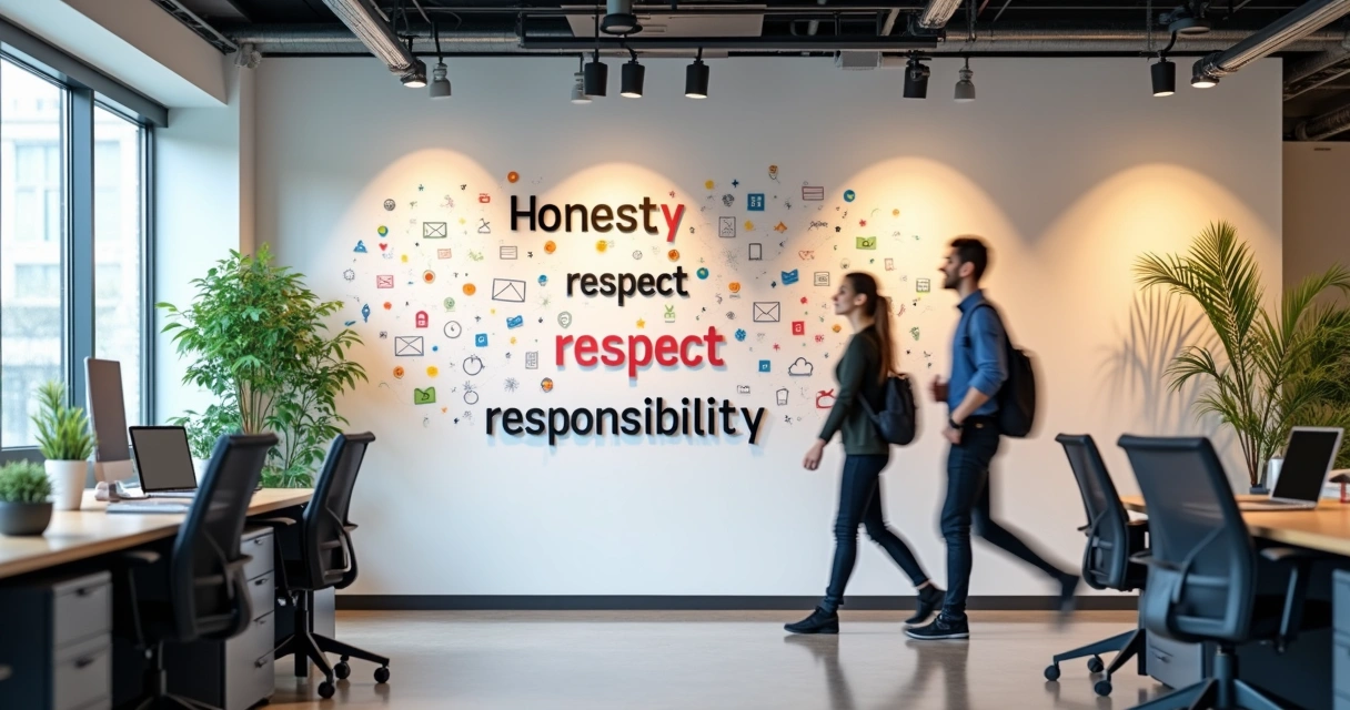 Office wall displaying work values in a creative design 