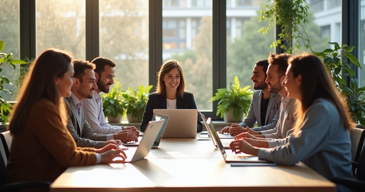 Team in a modern office gathered around a table, discussing with relaxed postures, sunlight streaming through large windows.